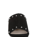 Black microsuede open-toe mule with silver cone studs and mid block heel, shown from multiple angles against white background.