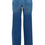 Woman modeling high-rise wide-leg blue “Starlight Rhinestone” jeans, denim sprinkled with sparkling crystal studs and star-dot back pockets.