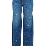 Woman modeling high-rise wide-leg blue “Starlight Rhinestone” jeans, denim sprinkled with sparkling crystal studs and star-dot back pockets.