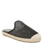 Backless women’s espadrille mule with woven raffia upper and jute sole, shown in yellow, black, and natural beige color options.