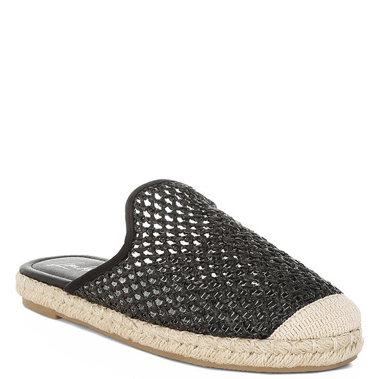 Backless women’s espadrille mule with woven raffia upper and jute sole, shown in yellow, black, and natural beige color options.