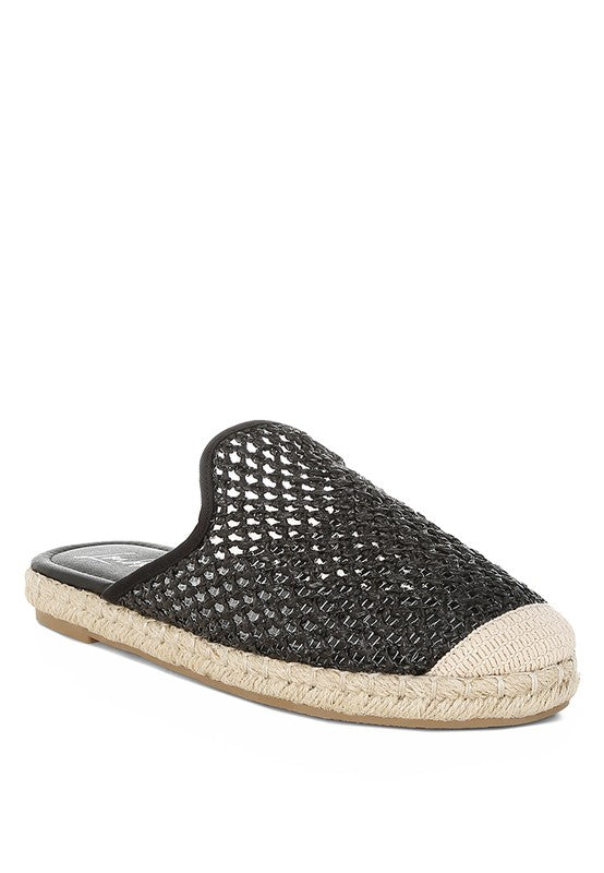 Backless women’s espadrille mule with woven raffia upper and jute sole, shown in yellow, black, and natural beige color options.