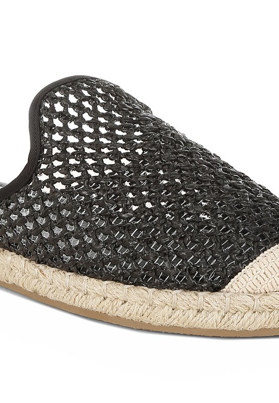 Backless women’s espadrille mule with woven raffia upper and jute sole, shown in yellow, black, and natural beige color options.