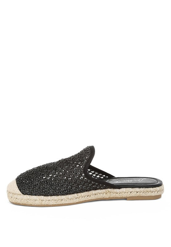 Backless women’s espadrille mule with woven raffia upper and jute sole, shown in yellow, black, and natural beige color options.