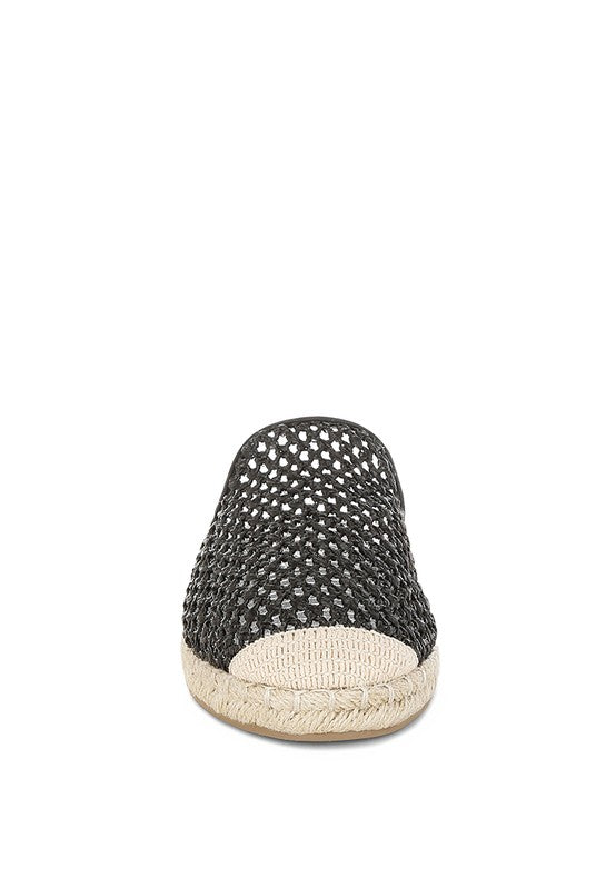 Backless women’s espadrille mule with woven raffia upper and jute sole, shown in yellow, black, and natural beige color options.