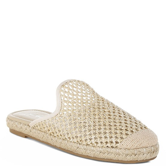 Backless women’s espadrille mule with woven raffia upper and jute sole, shown in yellow, black, and natural beige color options.