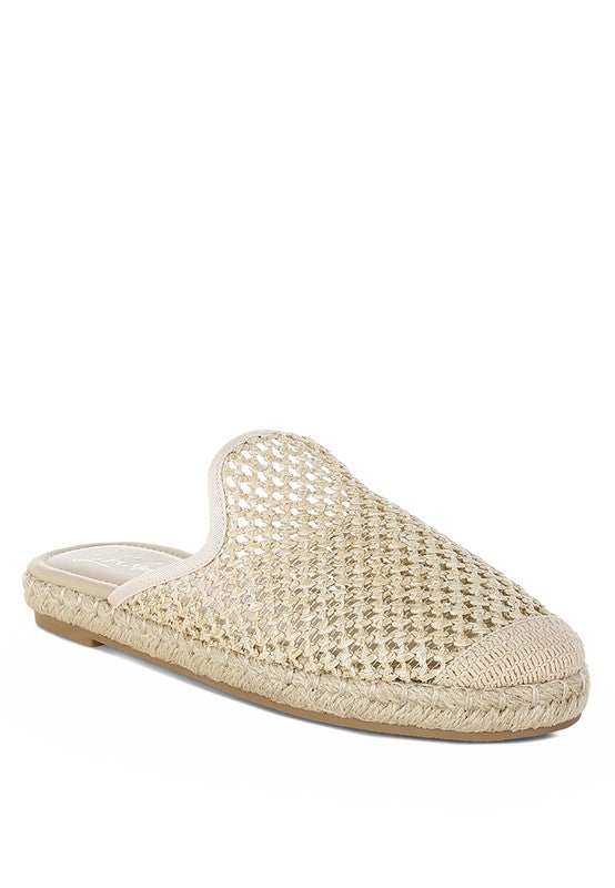 Backless women’s espadrille mule with woven raffia upper and jute sole, shown in yellow, black, and natural beige color options.