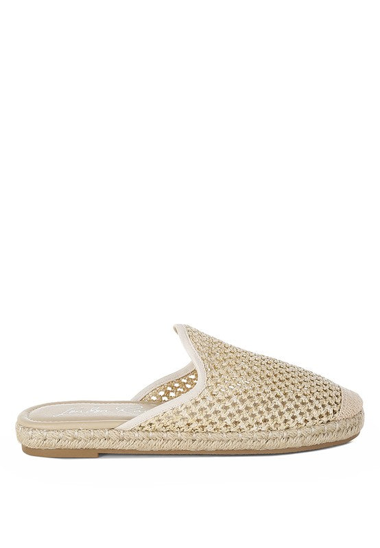 Backless women’s espadrille mule with woven raffia upper and jute sole, shown in yellow, black, and natural beige color options.