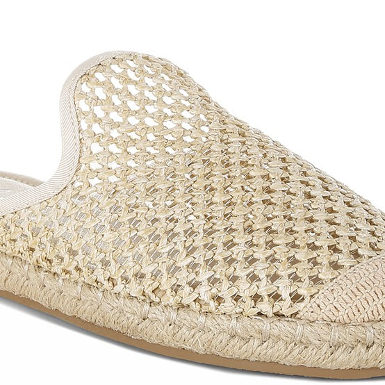 Backless women’s espadrille mule with woven raffia upper and jute sole, shown in yellow, black, and natural beige color options.