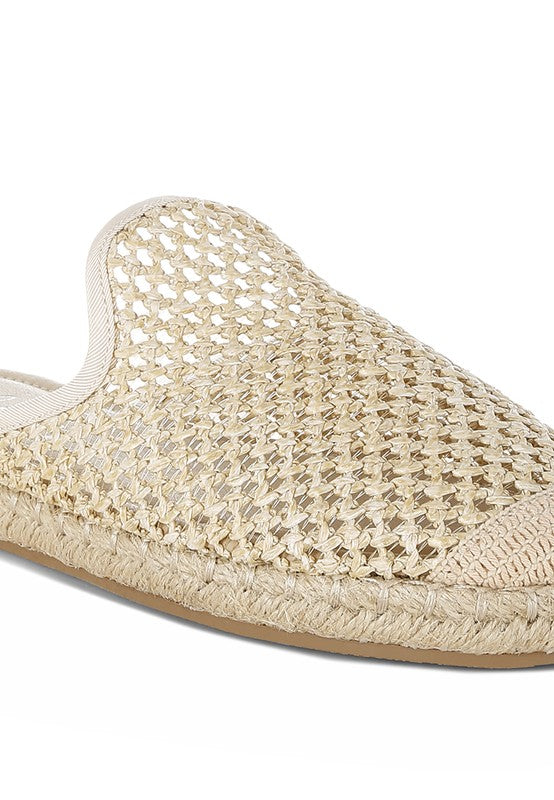 Backless women’s espadrille mule with woven raffia upper and jute sole, shown in yellow, black, and natural beige color options.