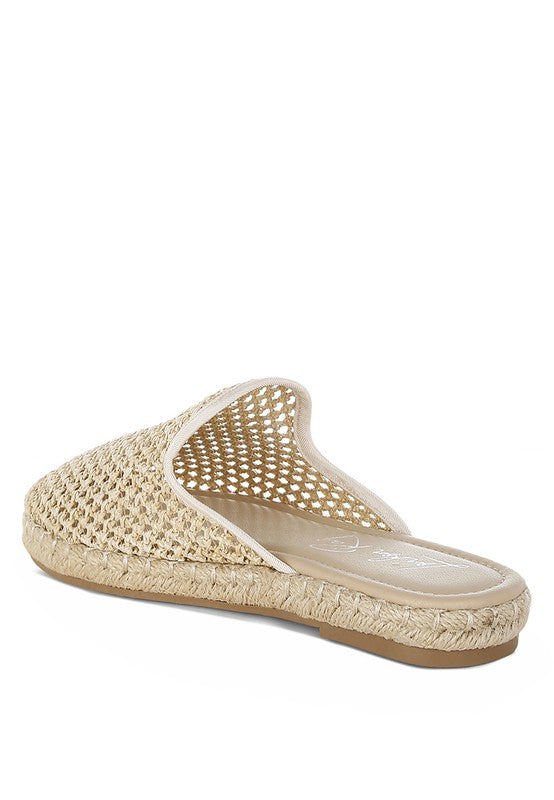 Backless women’s espadrille mule with woven raffia upper and jute sole, shown in yellow, black, and natural beige color options.