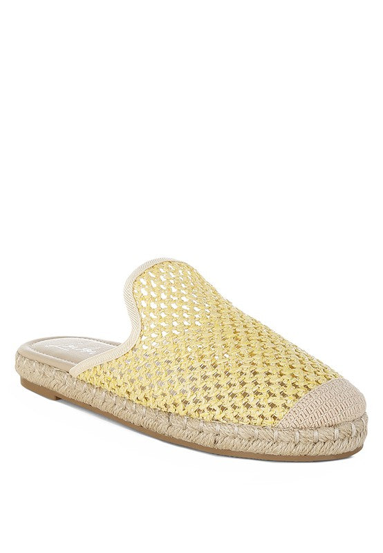Backless women’s espadrille mule with woven raffia upper and jute sole, shown in yellow, black, and natural beige color options.