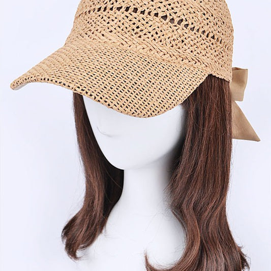 Women’s woven straw baseball cap with curved visor, breathable crochet crown, and adjustable tan bow-back tie, shown from multiple angles.
