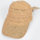 Women’s woven straw baseball cap with curved visor, breathable crochet crown, and adjustable tan bow-back tie, shown from multiple angles.
