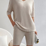 Ribbed V-Neck Top and Shorts Set