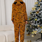 Animal Print Zip Front Lounge Jumpsuit with Pockets