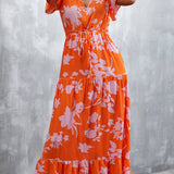 Floral Buttoned Drawstring Waist Tiered Maxi Dress