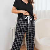 Curvy Line- V-Neck Top and Plaid Pants Lounge Set