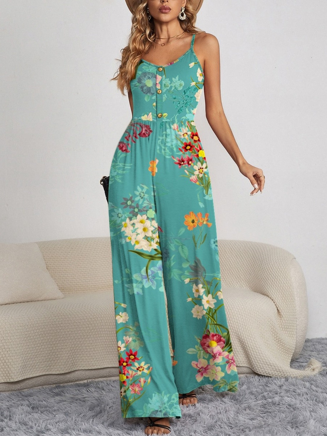 Floral Spaghetti Strap Wide Leg Jumpsuit
