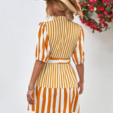 Striped Half Sleeve Tie Waist Mini Dress