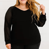 Curvy Line- Sheer Striped Sleeve V-Neck Top