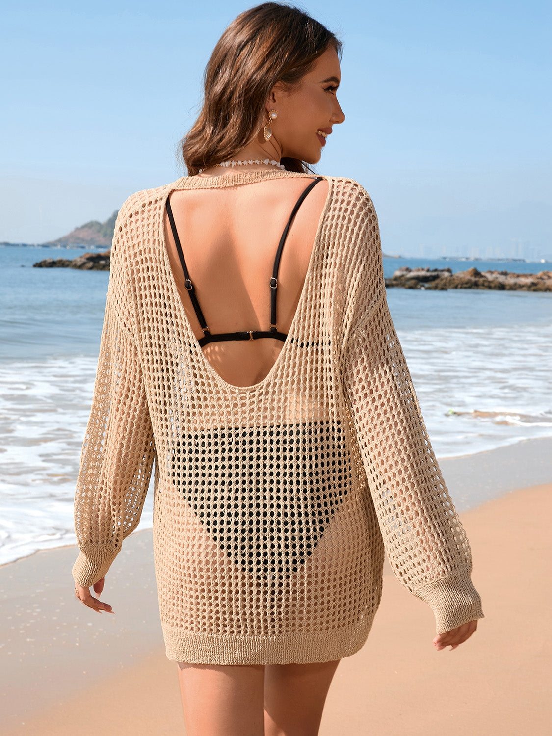 Backless Boat Neck Long Sleeve Swimsuit Cover Up