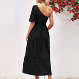 Smocked One-Shoulder Midi Dress
