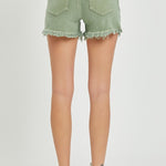 RISEN Mid Waist Frayed Hem Denim Shorts in green