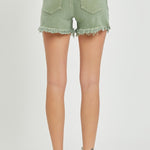 RISEN Mid Waist Frayed Hem Denim Shorts in green