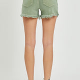 RISEN Mid Waist Frayed Hem Denim Shorts in green