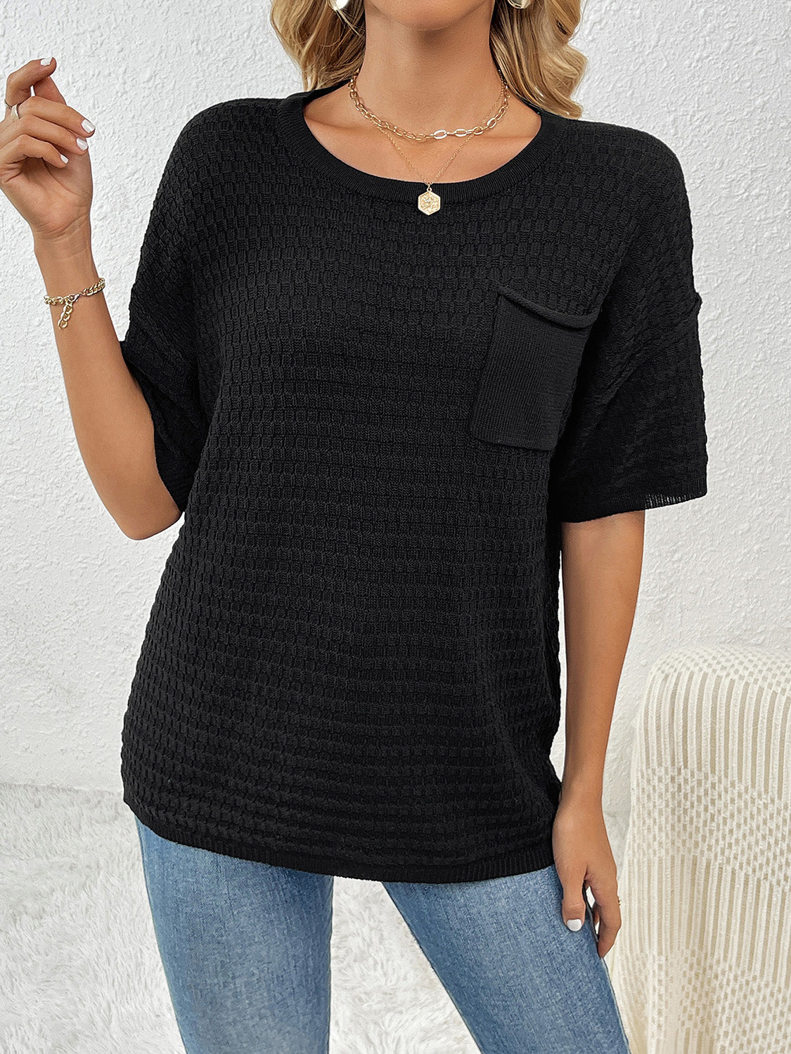 Black Short Sleeve Knit Top