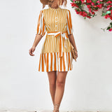 Striped Half Sleeve Tie Waist Mini Dress