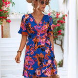 Printed Flounce Sleeve Tied Dress