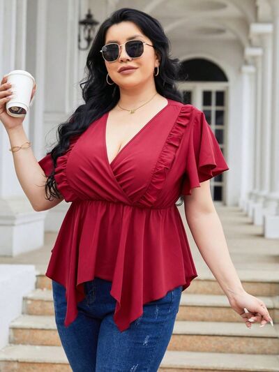 Curvy Line- Frill Surplice Flutter Sleeve Blouse