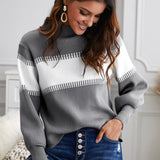 Color Block High Neck Lantern Sleeve Pullover Sweater