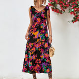 Multicolored V-Neck Backless Midi Dress