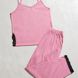 V-Neck Lace Trim Slit Cami and Pants Pajama Set