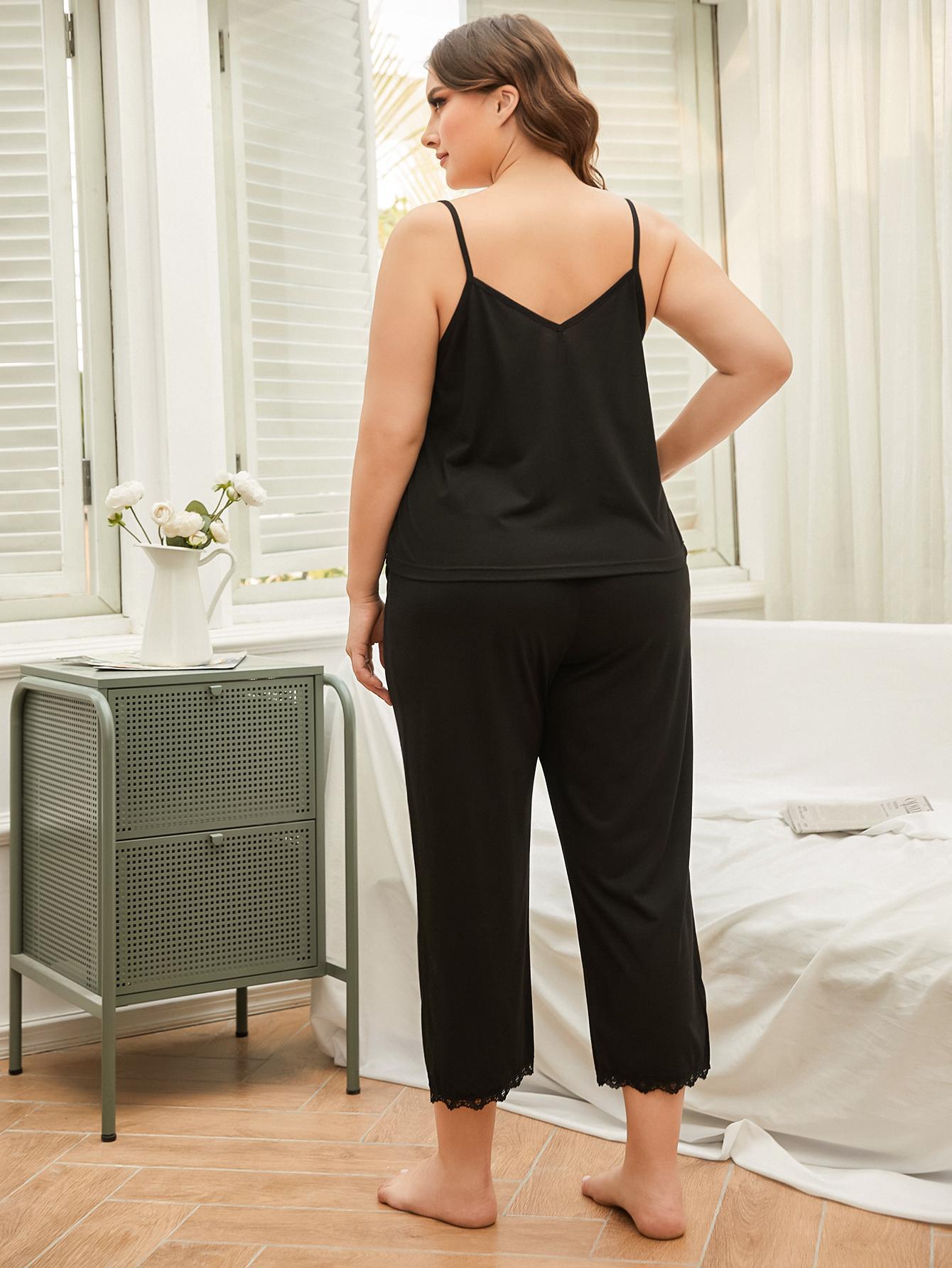 Curve - Lace Trim Slit Cami and Pants Pajama Set