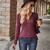 Half-Zip V-Neck Long Sleeve Top