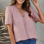 Swiss Dot Lace Trim Plunge Blouse