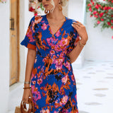 Printed Flounce Sleeve Tied Dress