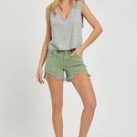 RISEN Mid Waist Frayed Hem Denim Shorts in green