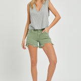 RISEN Mid Waist Frayed Hem Denim Shorts in green