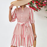 Striped Half Sleeve Tie Waist Mini Dress