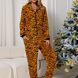 Animal Print Zip Front Lounge Jumpsuit with Pockets