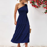 Smocked One-Shoulder Midi Dress
