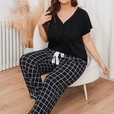 Curvy Line- V-Neck Top and Plaid Pants Lounge Set