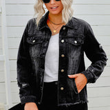 Distressed Raw Hem Denim Jacket