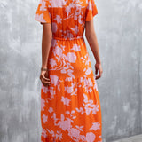 Floral Buttoned Drawstring Waist Tiered Maxi Dress