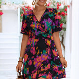 Printed Flounce Sleeve Tied Dress